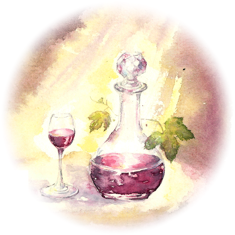 Le logo de Mediassemblage : une carafe et un verre de vin rouge entre deux feuilles de vigne, peints à l'aquarelle