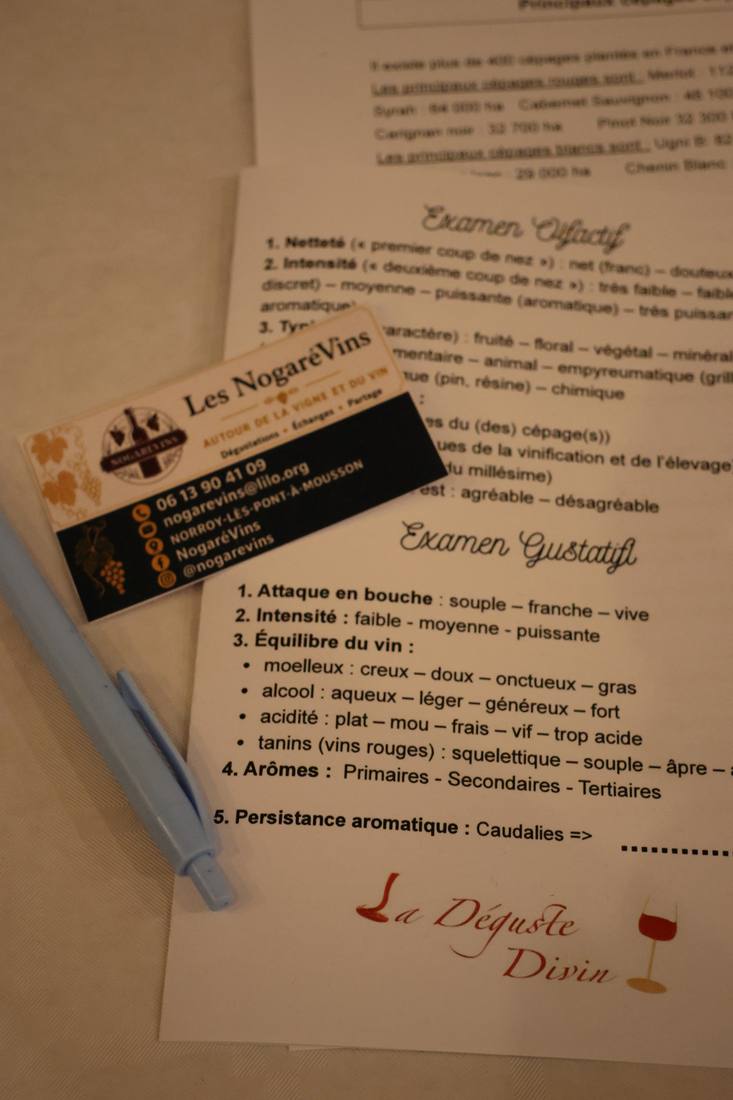 La fiche de dégustation du cours d'œnologie des Nogarévins, examen olfactif et examen gustatif, avec un stylo et la carte de l'association