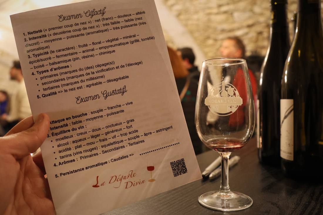 Une main tient une fiche de dégustation, examen olfactif et examen gustatif, à côté d'un verre de vin rouge